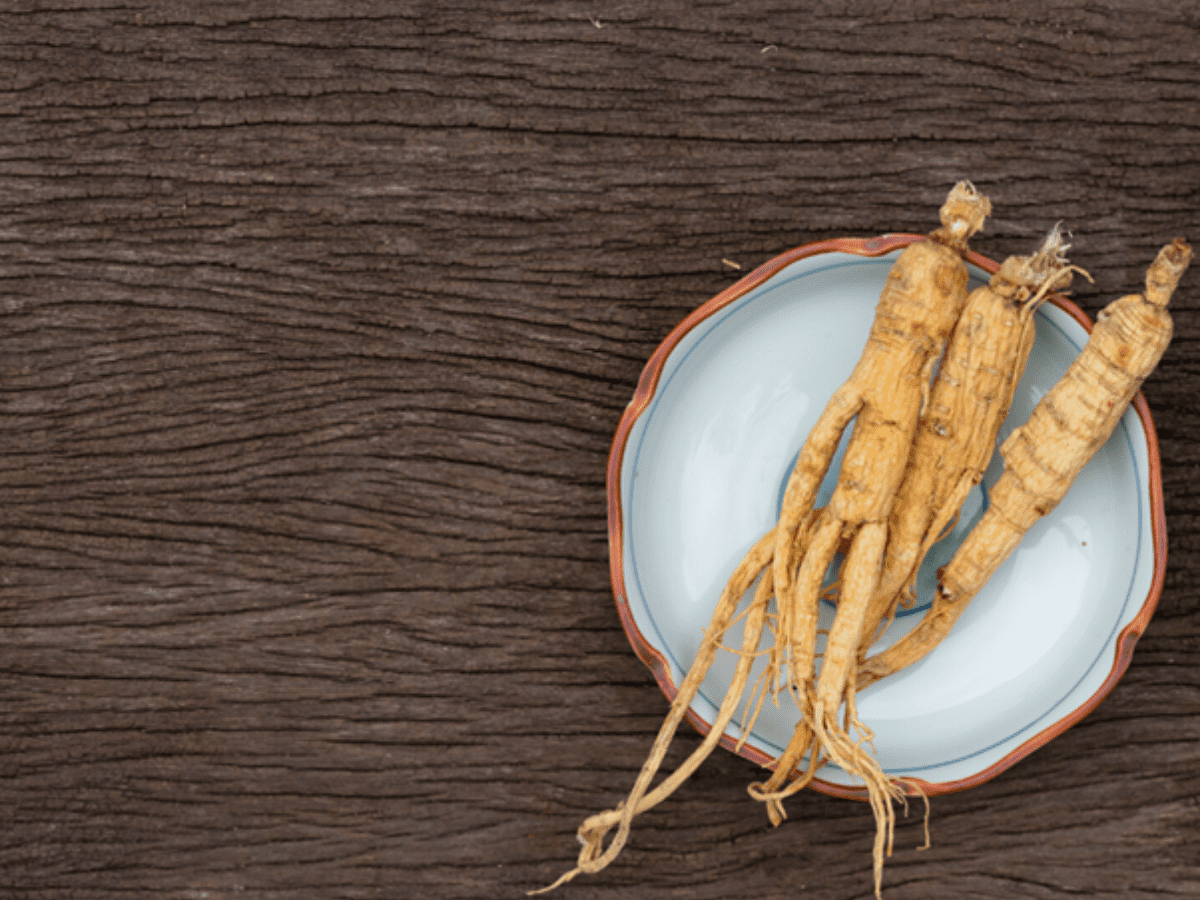 Porcelain bowl with three ginseng roots on top