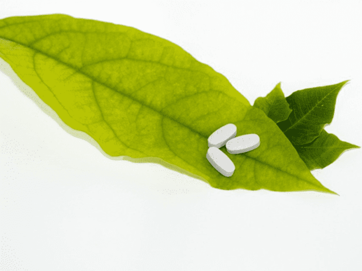 Green leaf with three white magnesium tablets on top