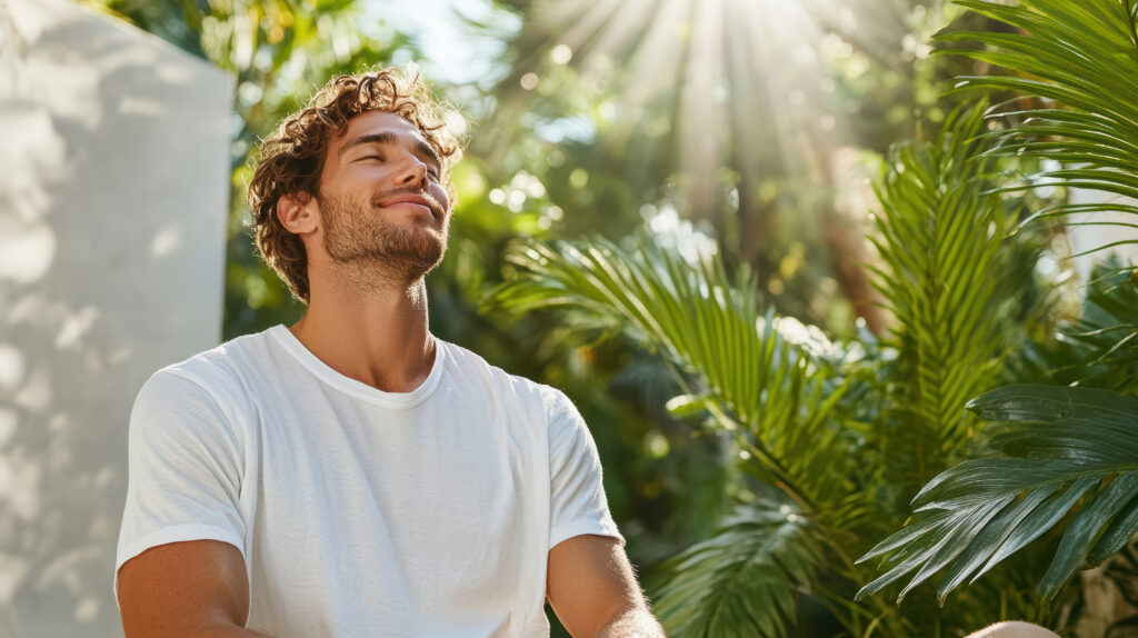 man enjoying moment of peace and tranquility in nature